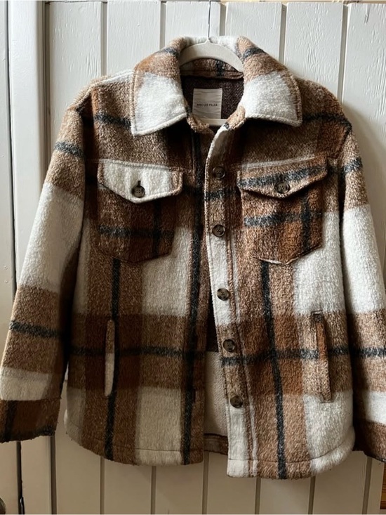 Avec Les Filles Jackets & Blazers - Avec Les Filles Brown and Cream Plaid Sherpa Shirt Jacket